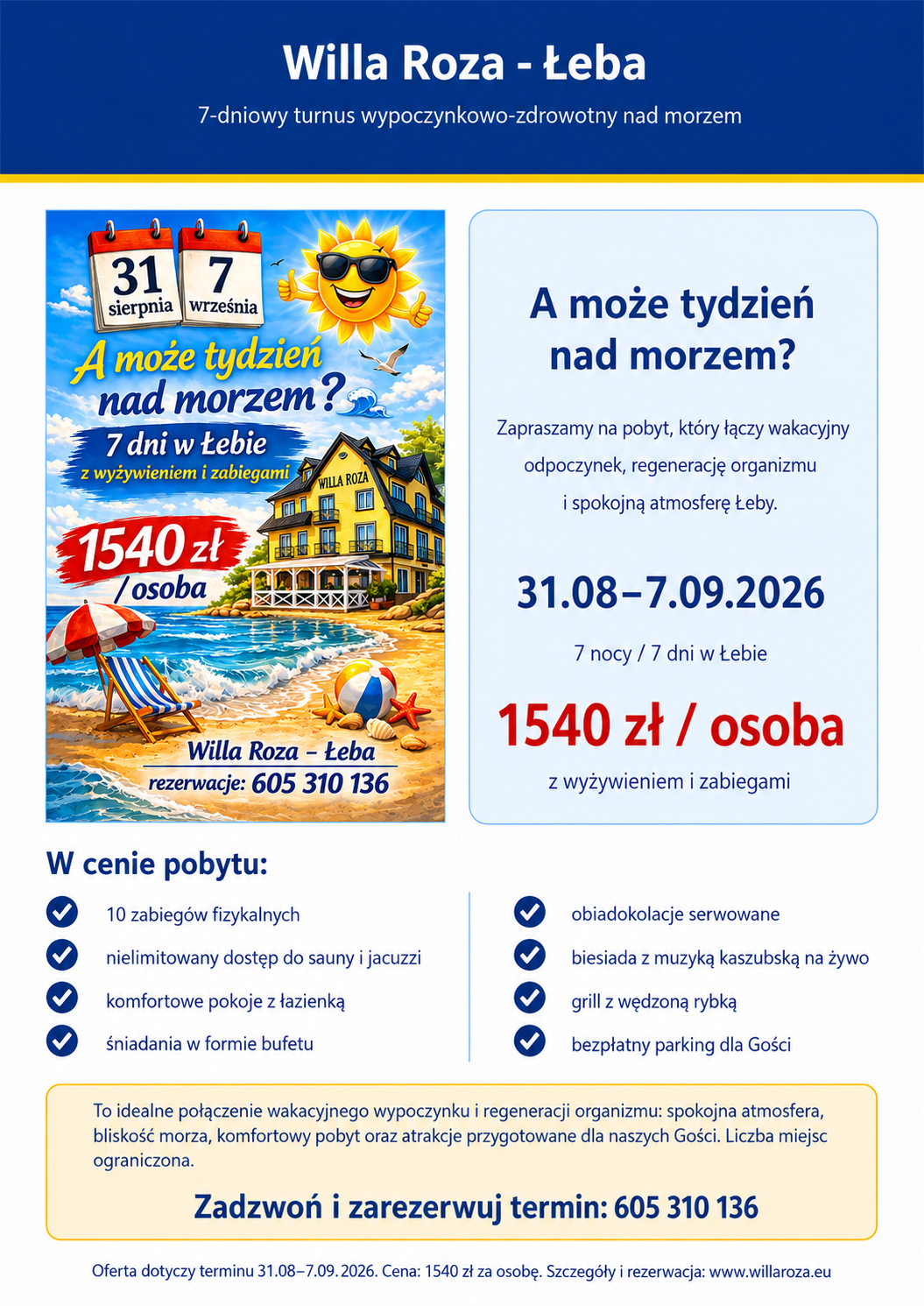 Oferta 7-dniowego pobytu w Willi Roza w Łebie, 31.08–7.09.2026, cena 1540 zł za osobę z wyżywieniem i zabiegami.